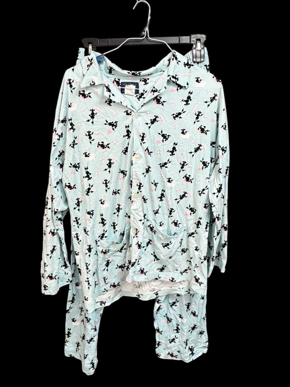 Nick & Nora Light Blue women’s Pajama Set with Black & Pink Cartoon poodle print